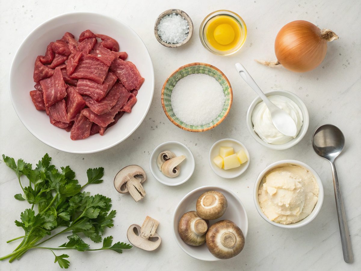 Flat lay of ingredients for a beef stroganoff oven recipe