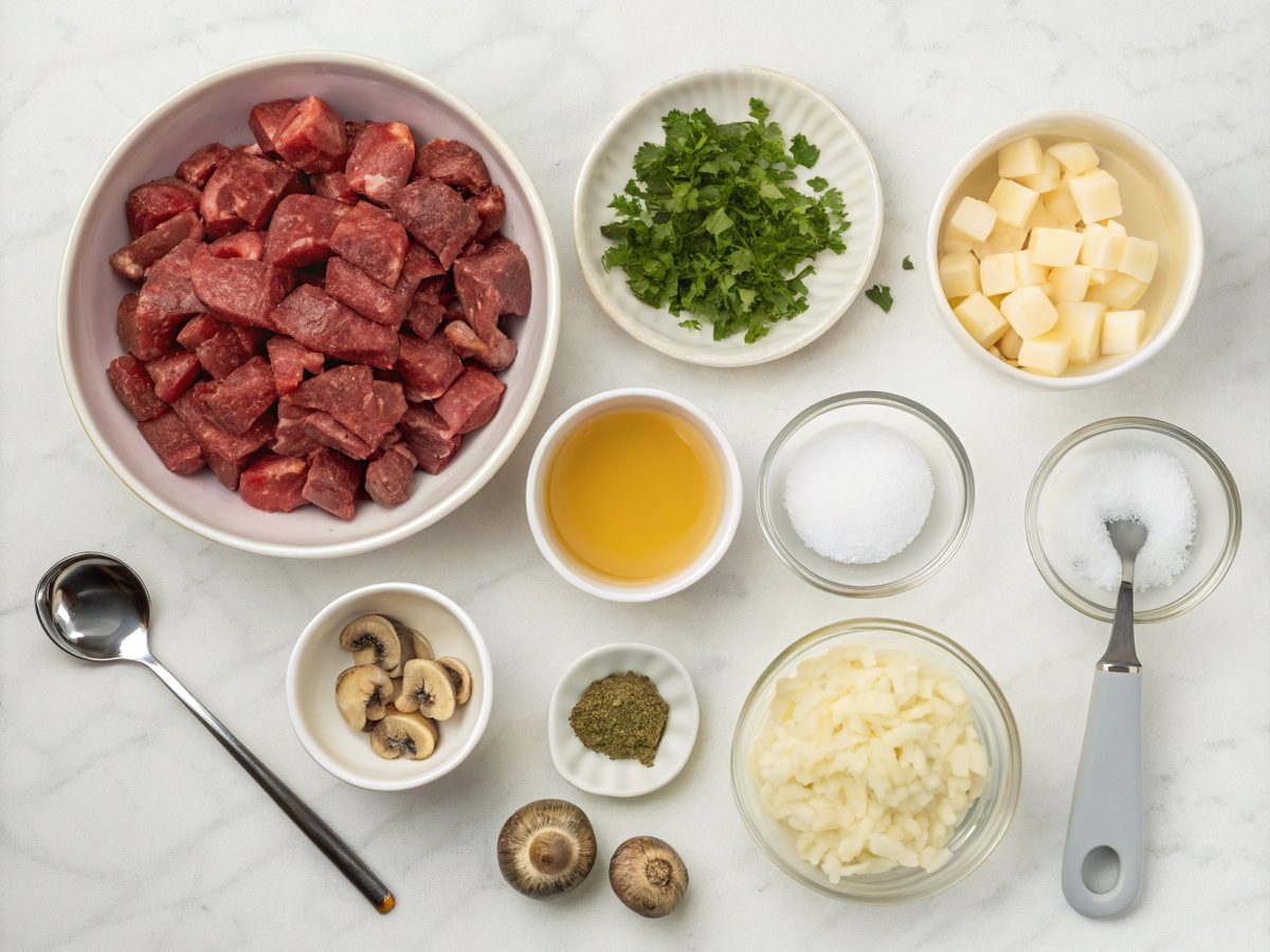 Flat lay of ingredients used for making Beef Stroganoff with beef tips