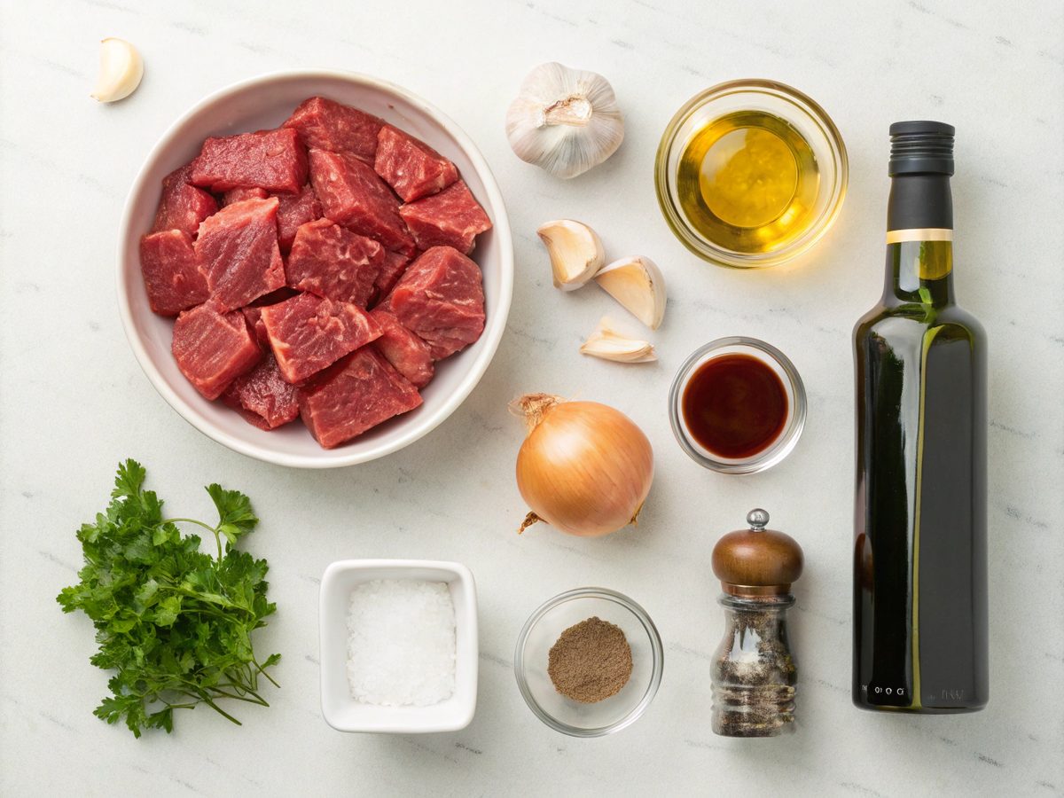 Beef tips and gravy recipe ingredients laid out on a kitchen counter.
