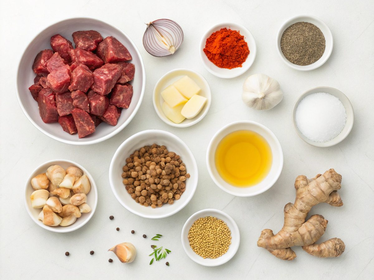 A top view of fresh ingredients required for beef vindaloo recipe.