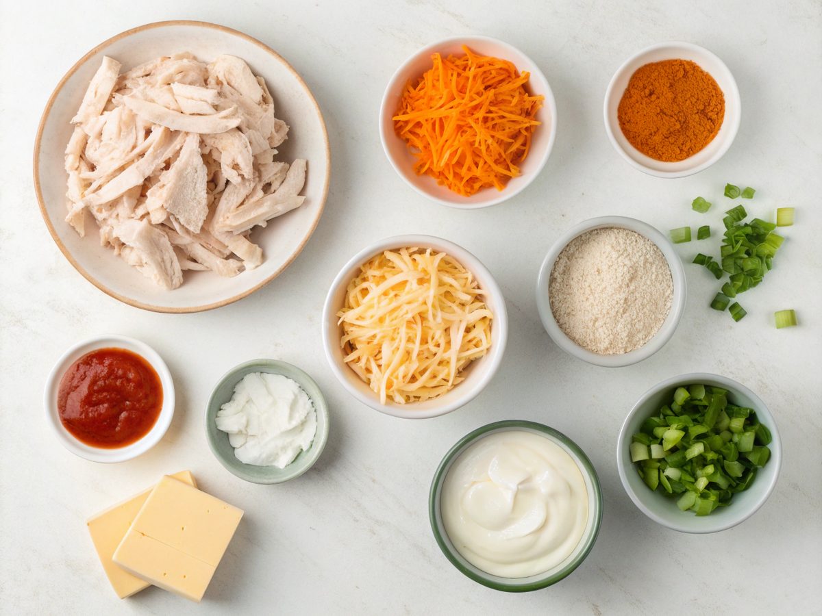 Buffalo Chicken Dip ingredients laid out on a kitchen counter.