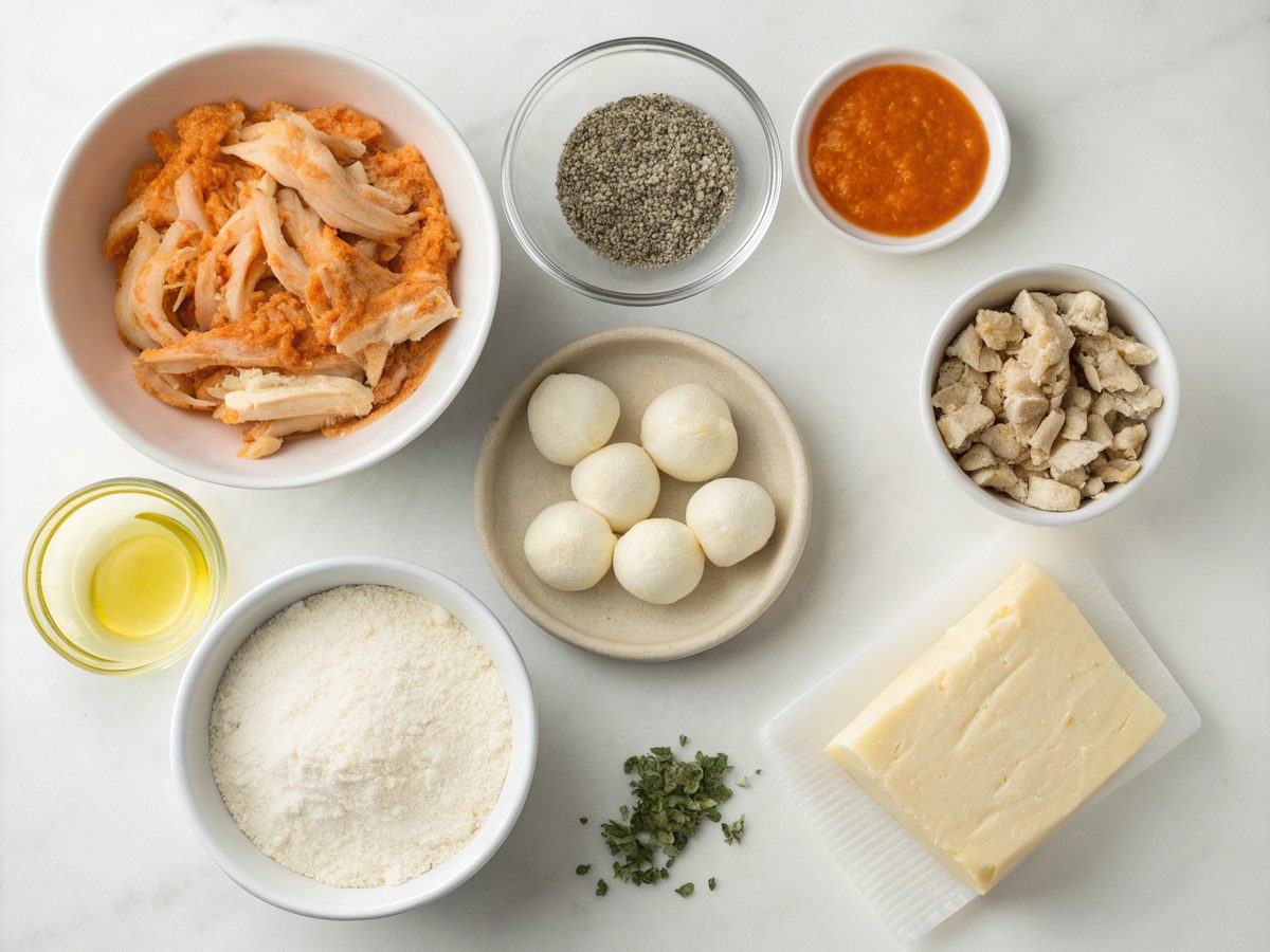 A flat lay illustration of ingredients for Buffalo Chicken Mozzarella Bombs.