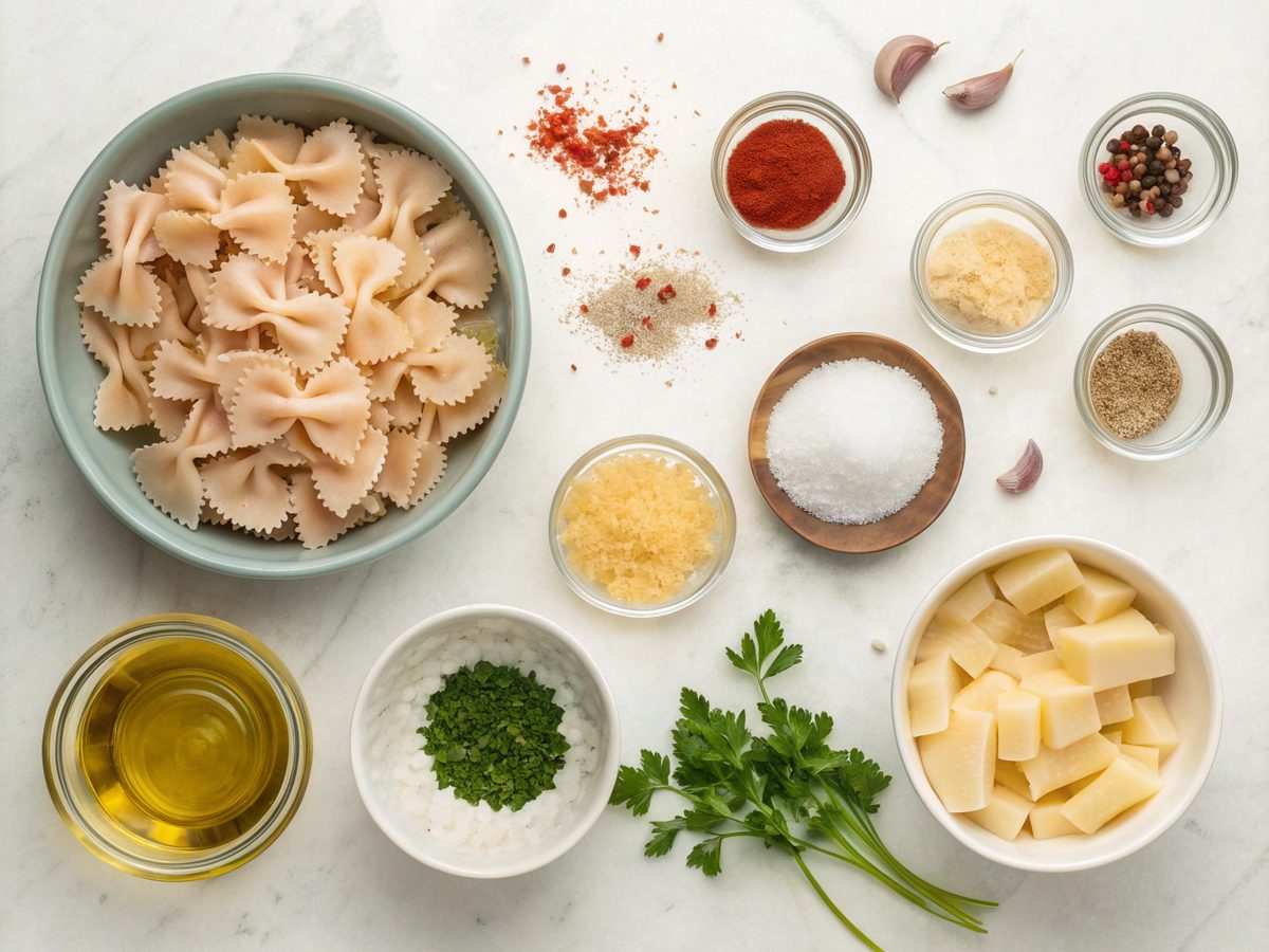 Flat lay of ingredients for Cajun Alfredo Bowtie Pasta
