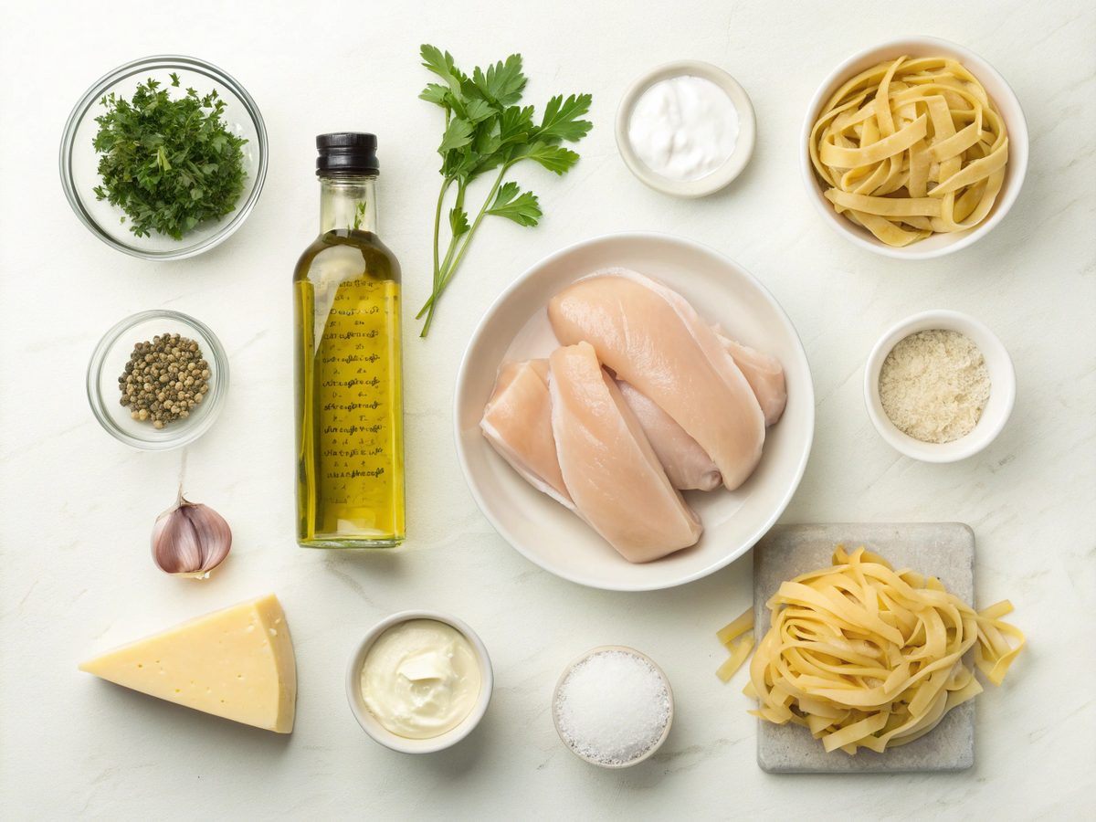 Flat lay of ingredients for Cajun Cream Cheese Alfredo.