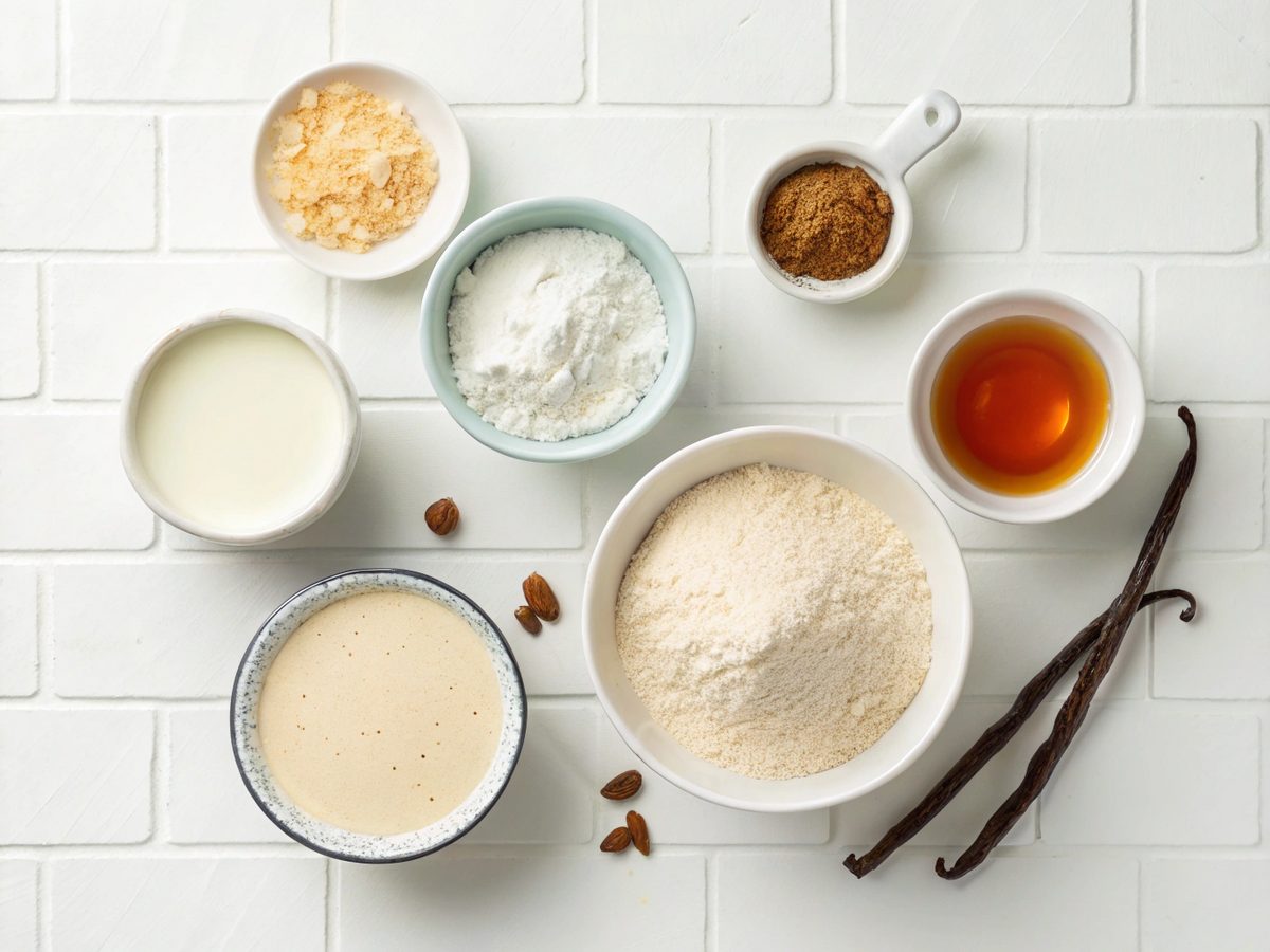 A flat lay image of ingredients for Cake Batter Protein Pudding