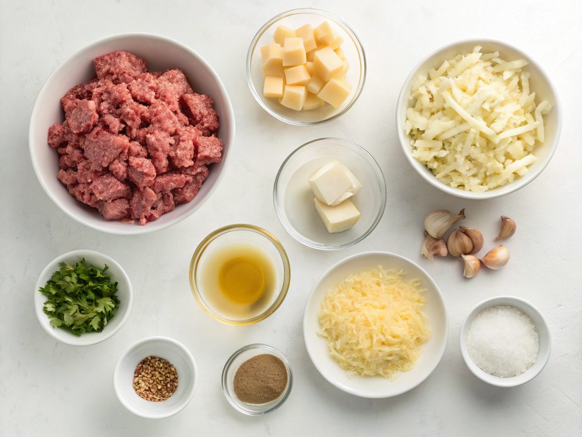 Flat lay of ingredients for cheesy beef potato soup, including beef, potatoes, and cheese.