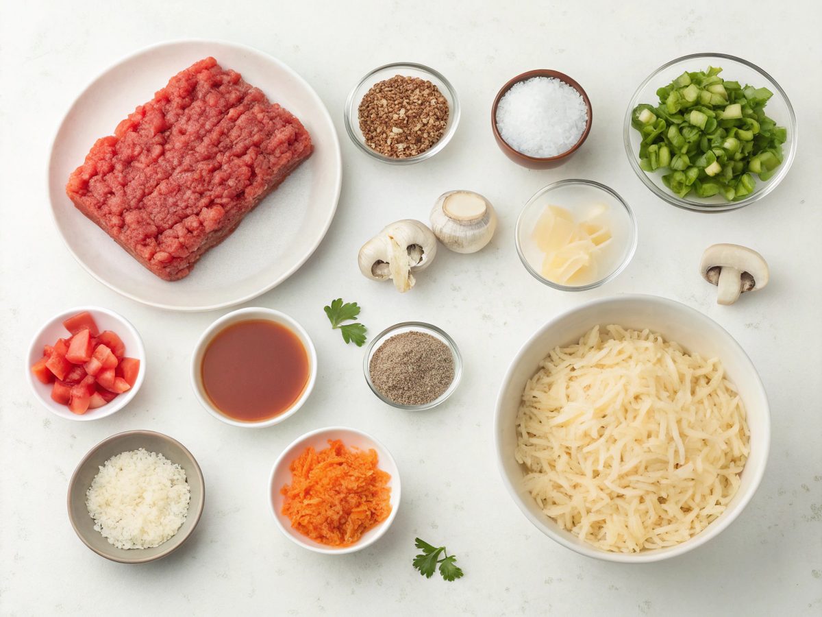 Ingredients for a delicious cheesy ground beef rice casserole.