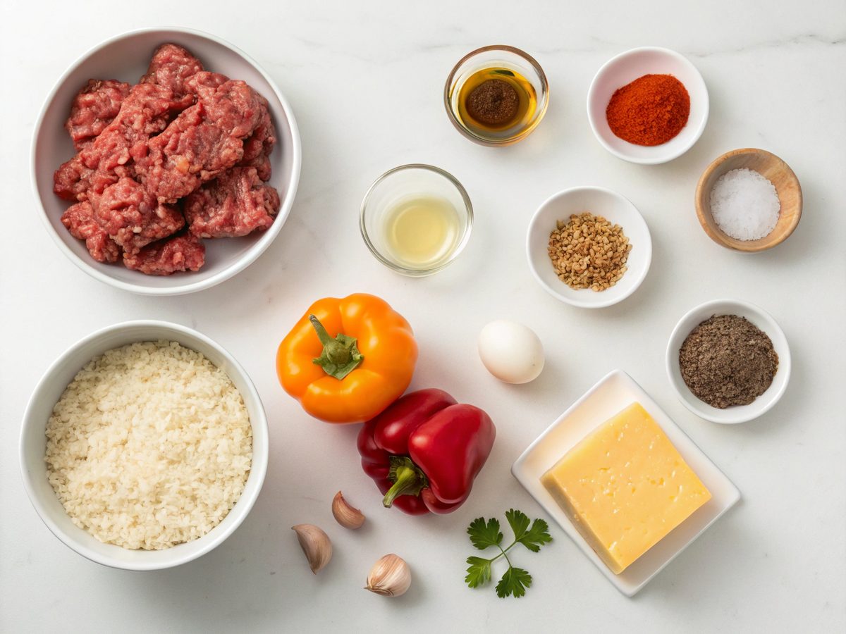 Flat lay of ingredients for cheesy hamburger rice casserole