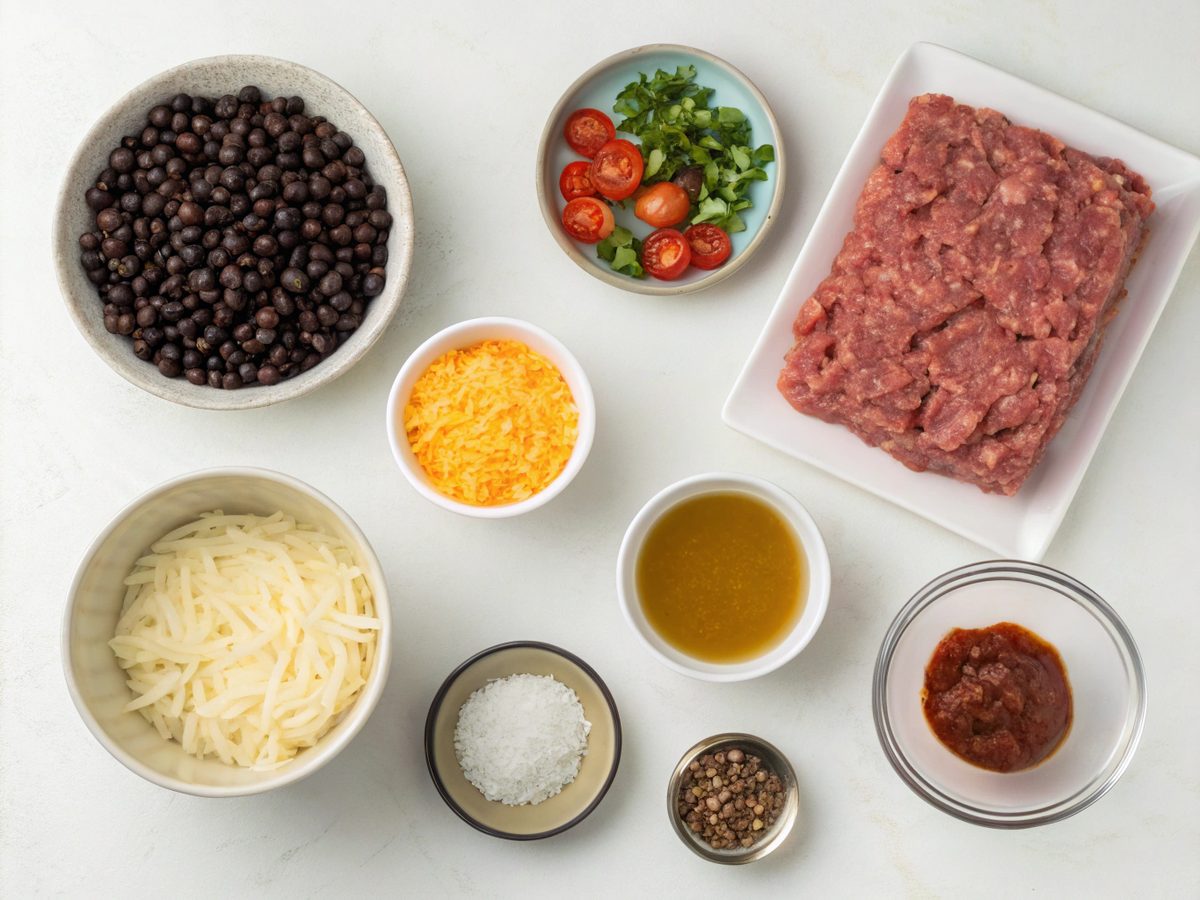 Flat lay of ingredients for a cheesy taco rice skillet on a white countertop.