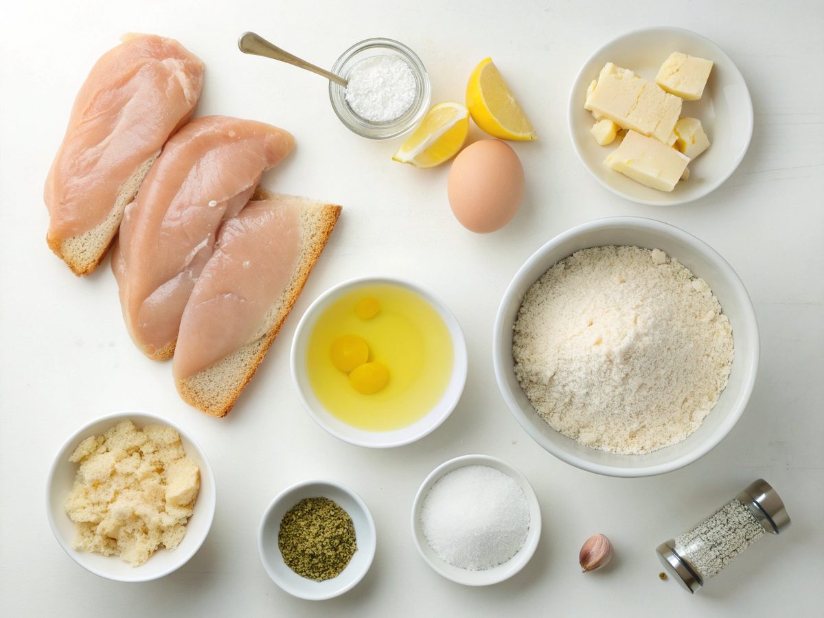 Flat lay of ingredients for Chicken Christopher recipe, including chicken, breadcrumbs, Parmesan, and more.
