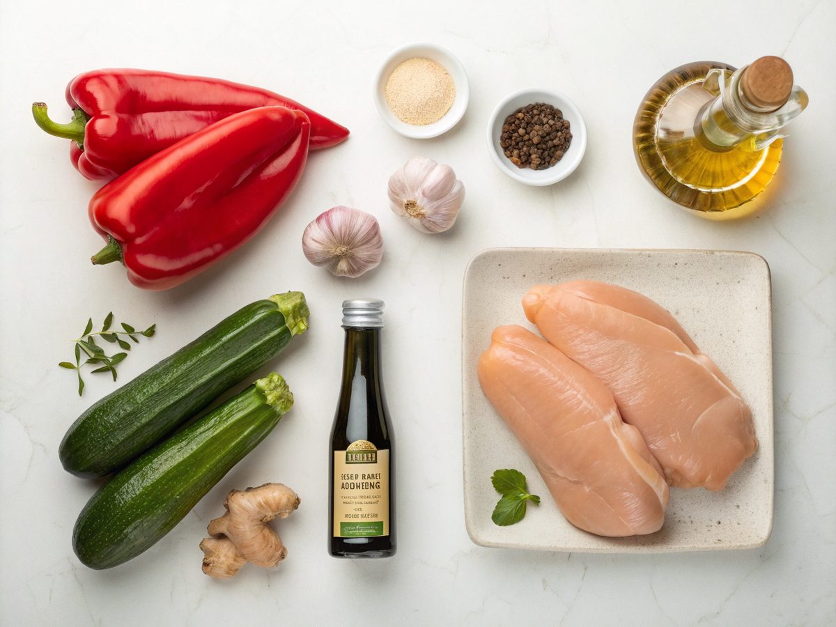 Flat lay of sliced chicken, zucchini, and bell pepper for chicken zucchini stir fry