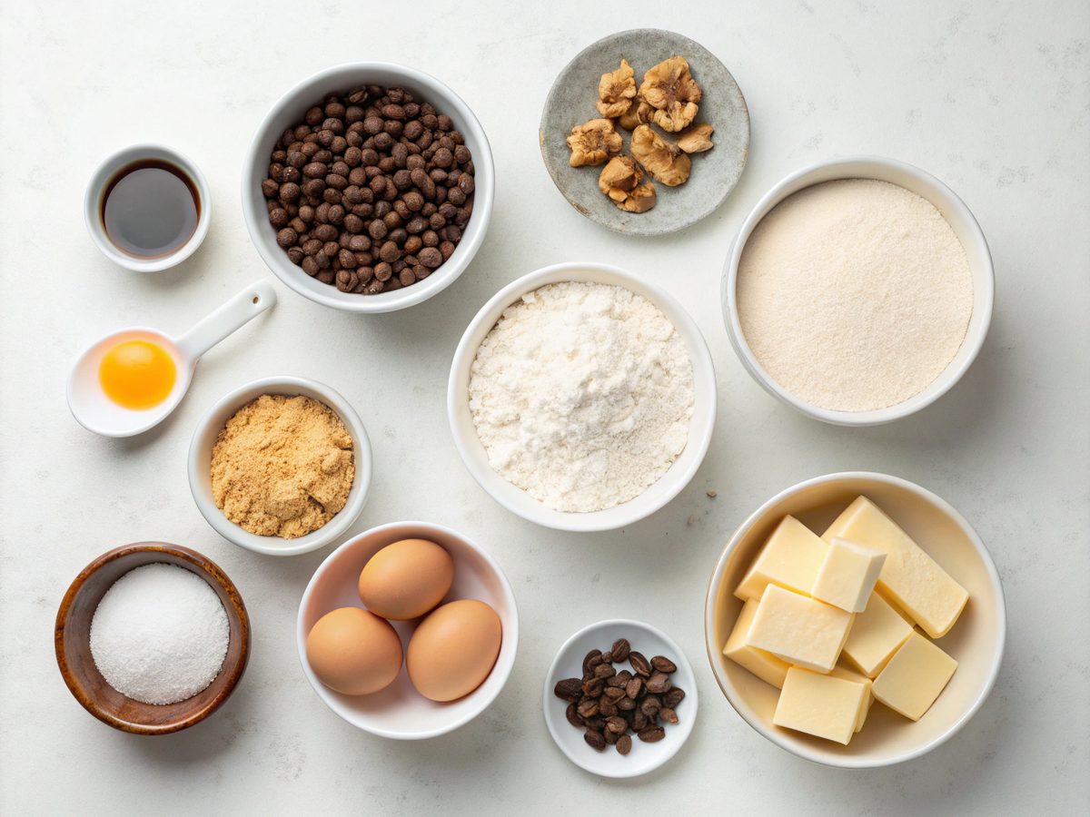 Chocolate chip cookies ingredients laid out on a counter