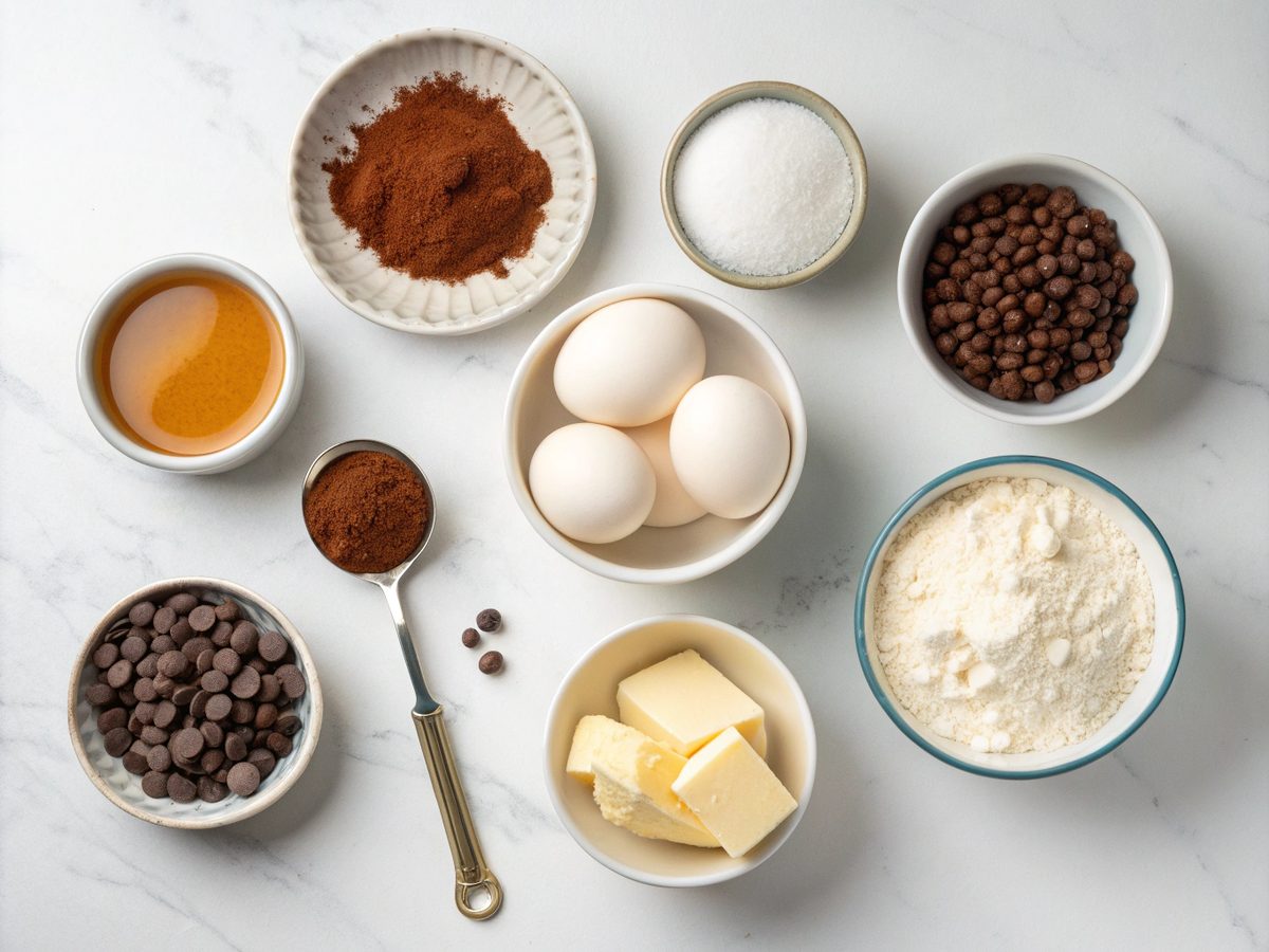 Flat lay view of ingredients needed to make chocolate fudge brownies, including chocolate chips, cocoa powder, and flour.