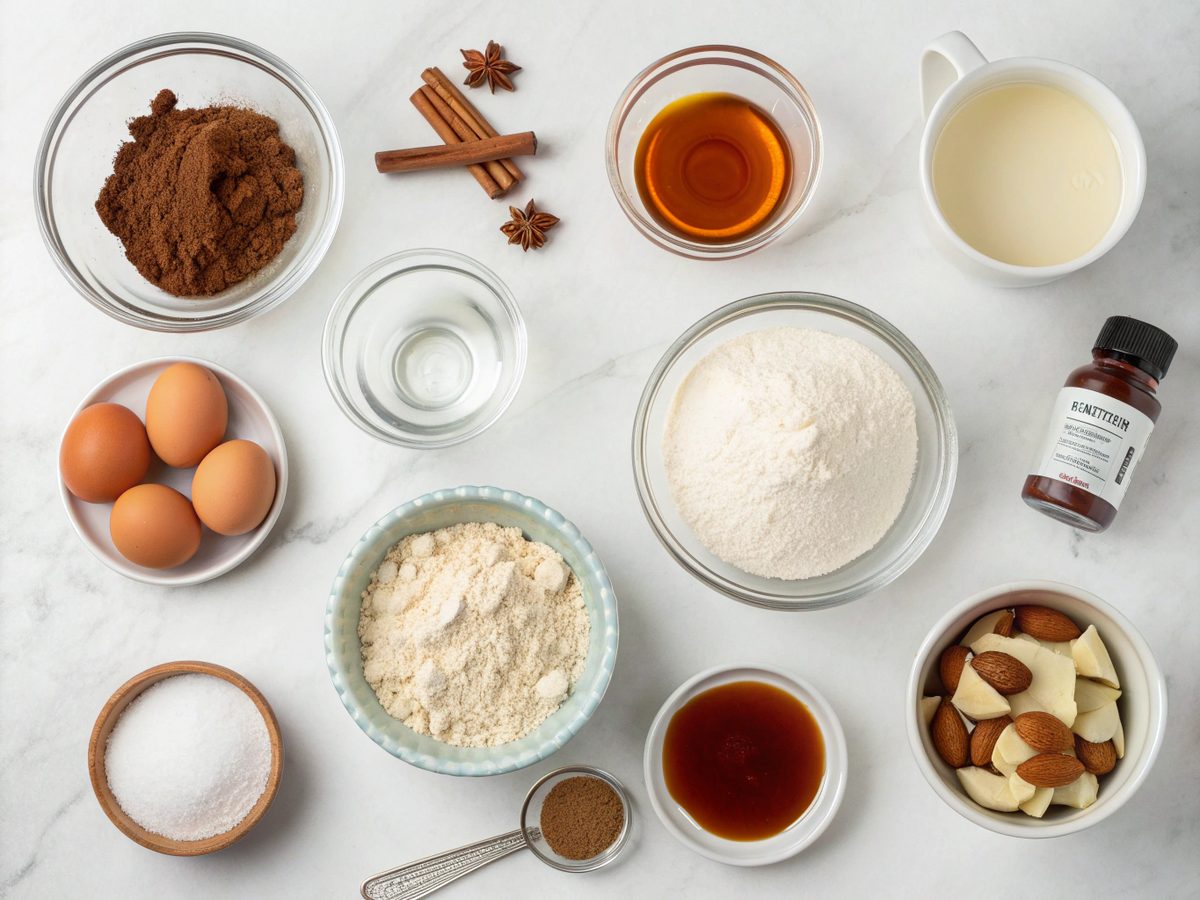 An array of ingredients for the Cinnamon Swirl Protein Cake, including almond flour, protein powder, and spices.
