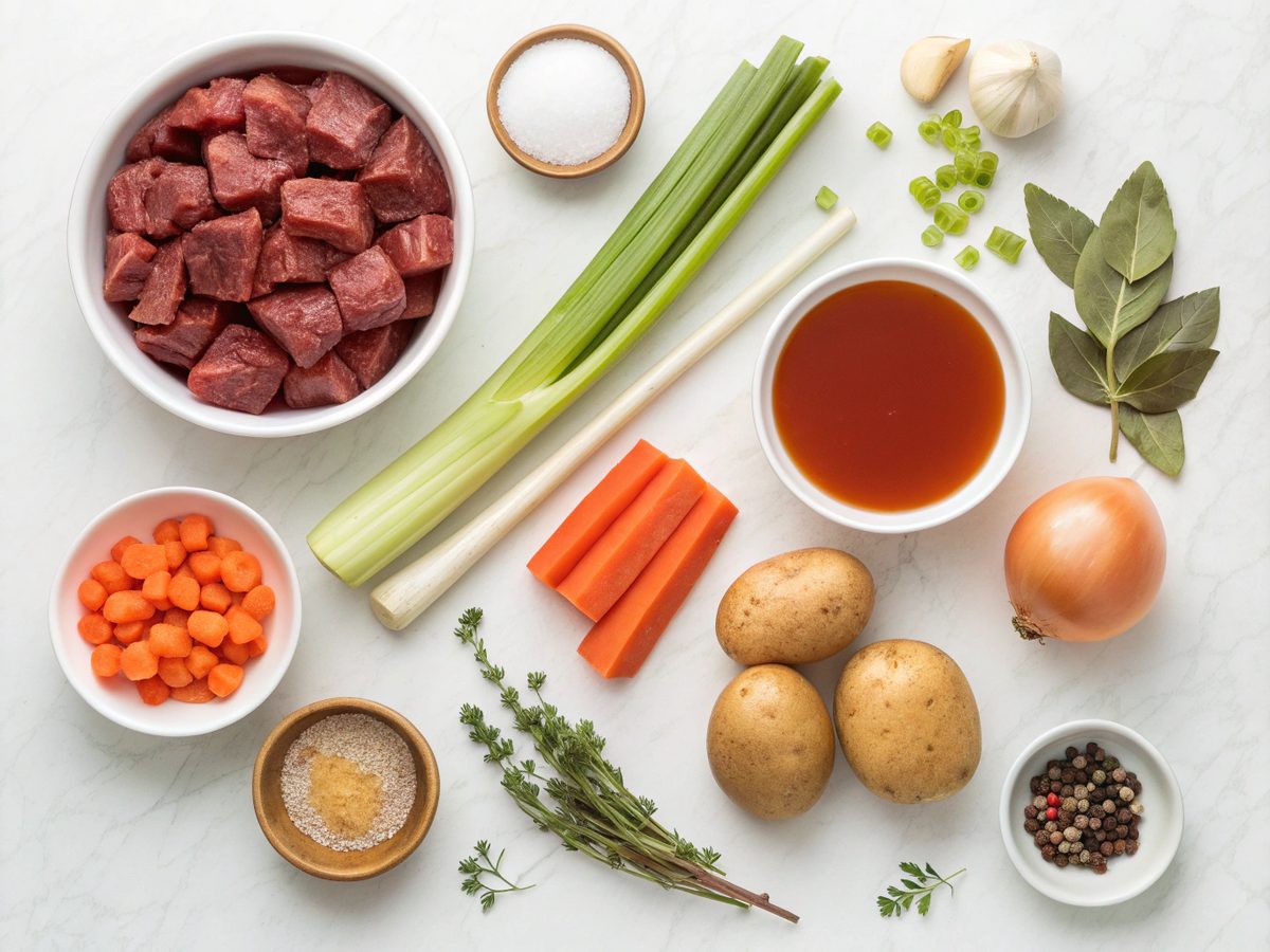 A top-down view of comforting crockpot beef stew ingredients, including beef cubes, vegetables, and spices.