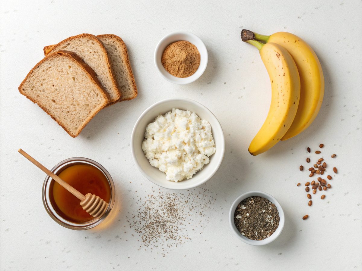 Ingredients for Cottage Cheese Banana Toast laid out on a kitchen counter