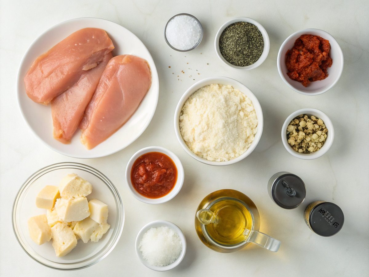 Ingredients laid out for making Cottage Cheese Chicken Parm