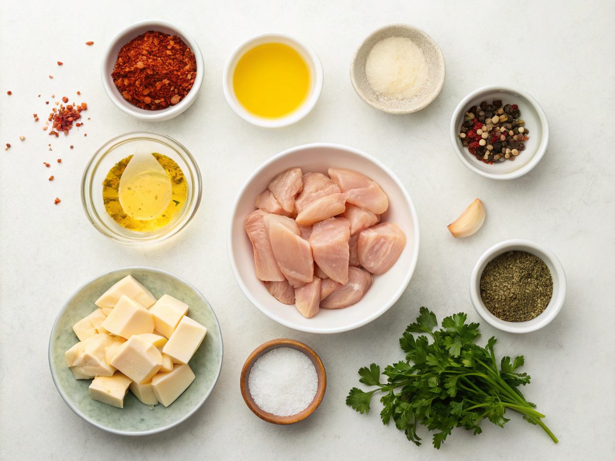Flat lay of ingredients for Cowboy Butter Chicken Bites including chicken chunks, butter, Dijon mustard, and spices.
