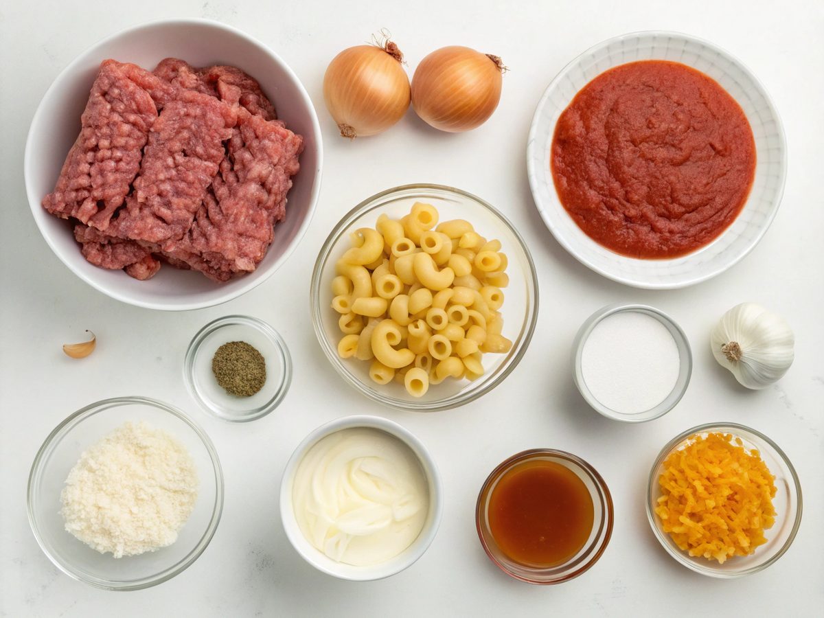 Flat lay of ingredients for creamy beef and shells recipe