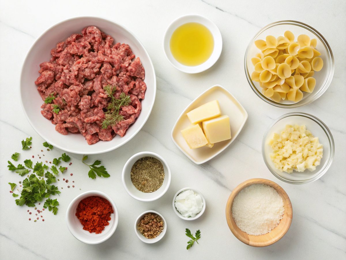 Top view of ingredients laid out for Creamy Beef and Shells Recipe