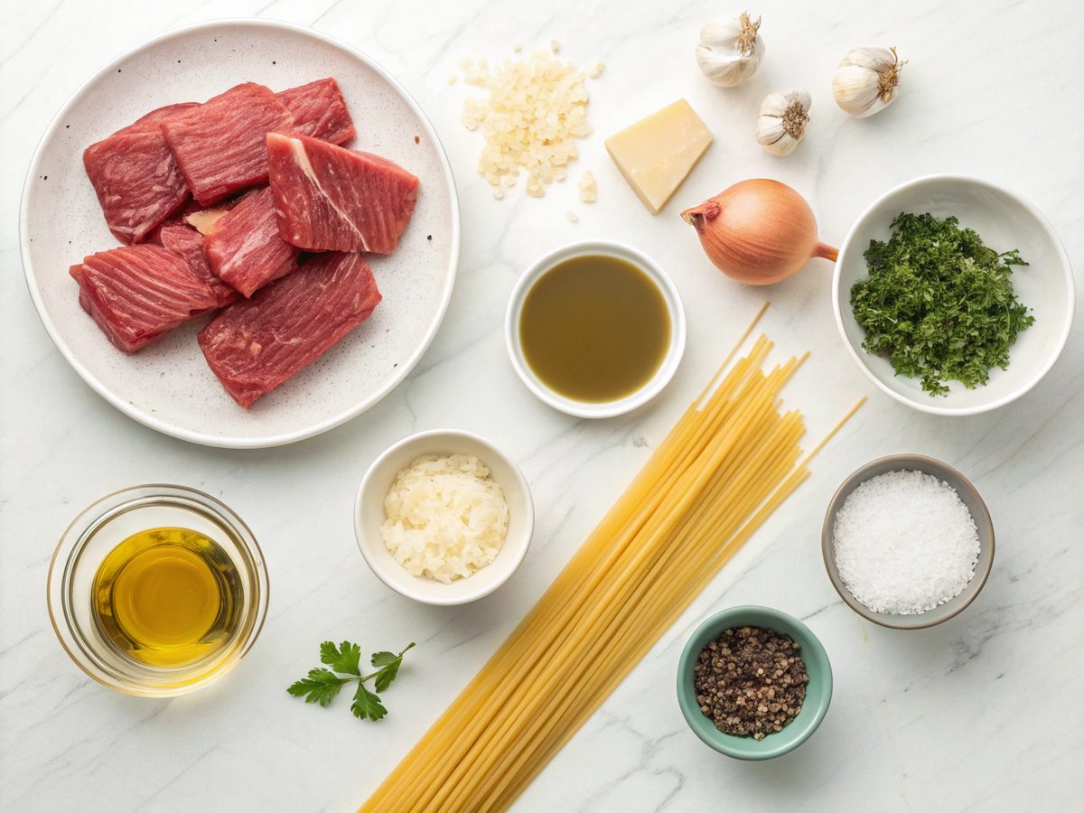Flat lay of ingredients for creamy beef pasta recipe