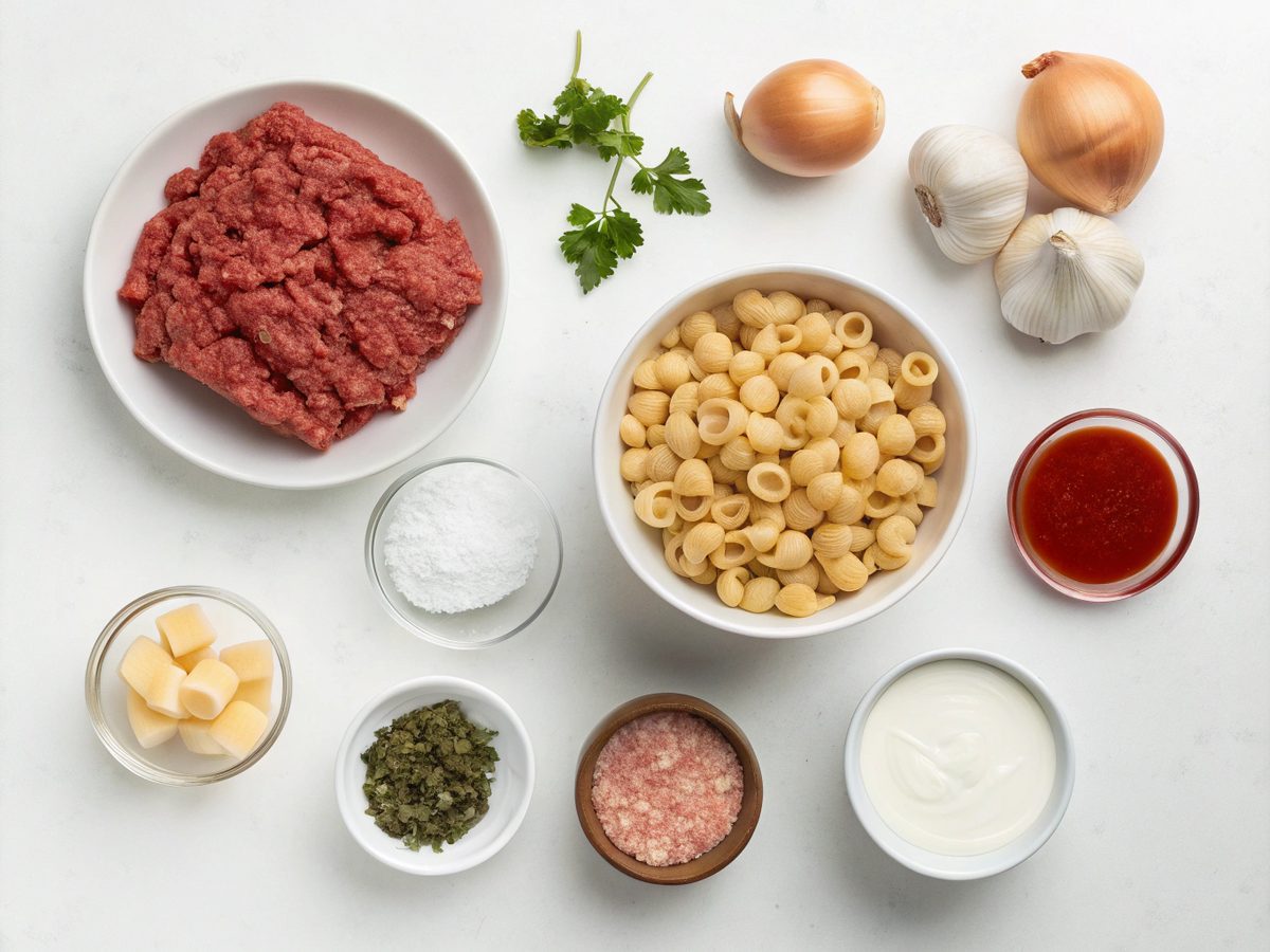 A visual guide to the ingredients needed for the creamy beef shells recipe.