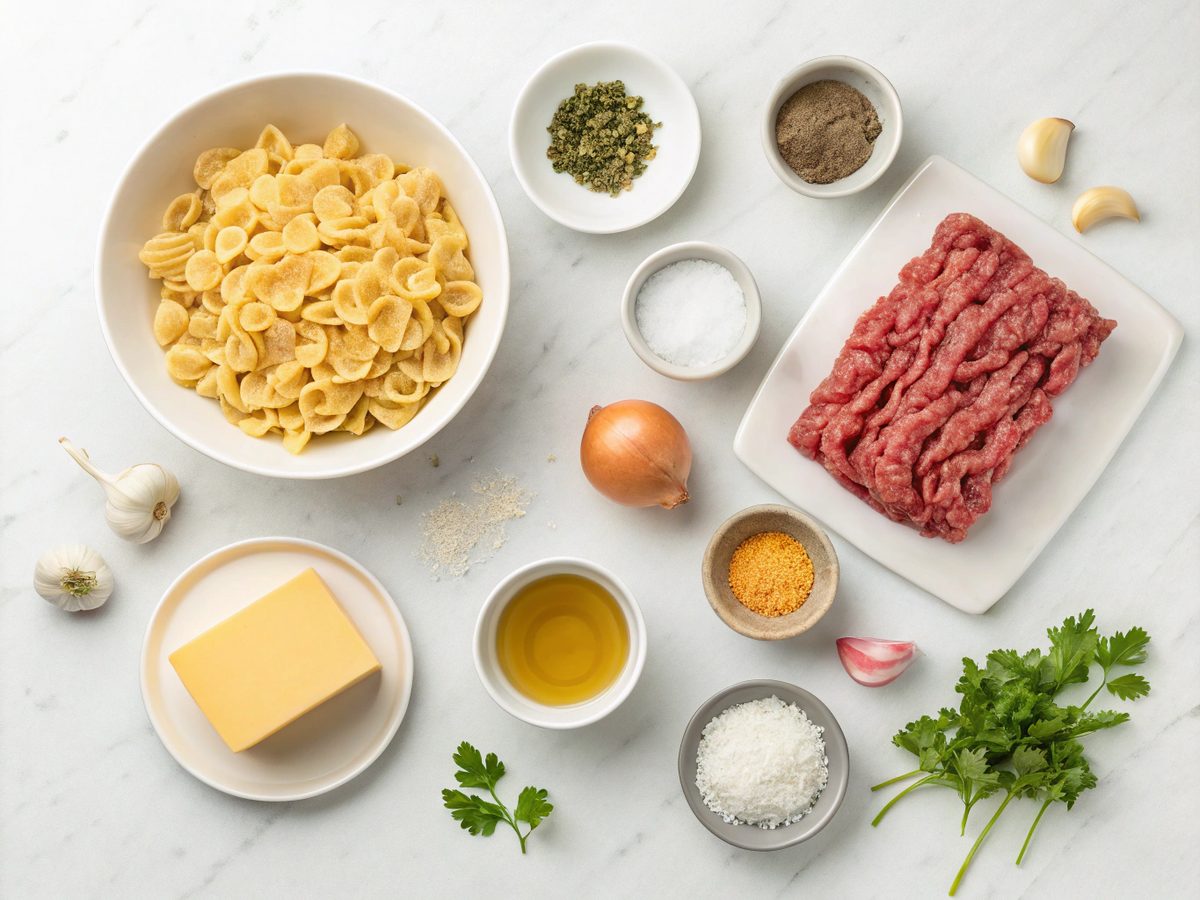 Ingredients displayed for the creamy beef shells recipe, including pasta, ground beef, and cheese.