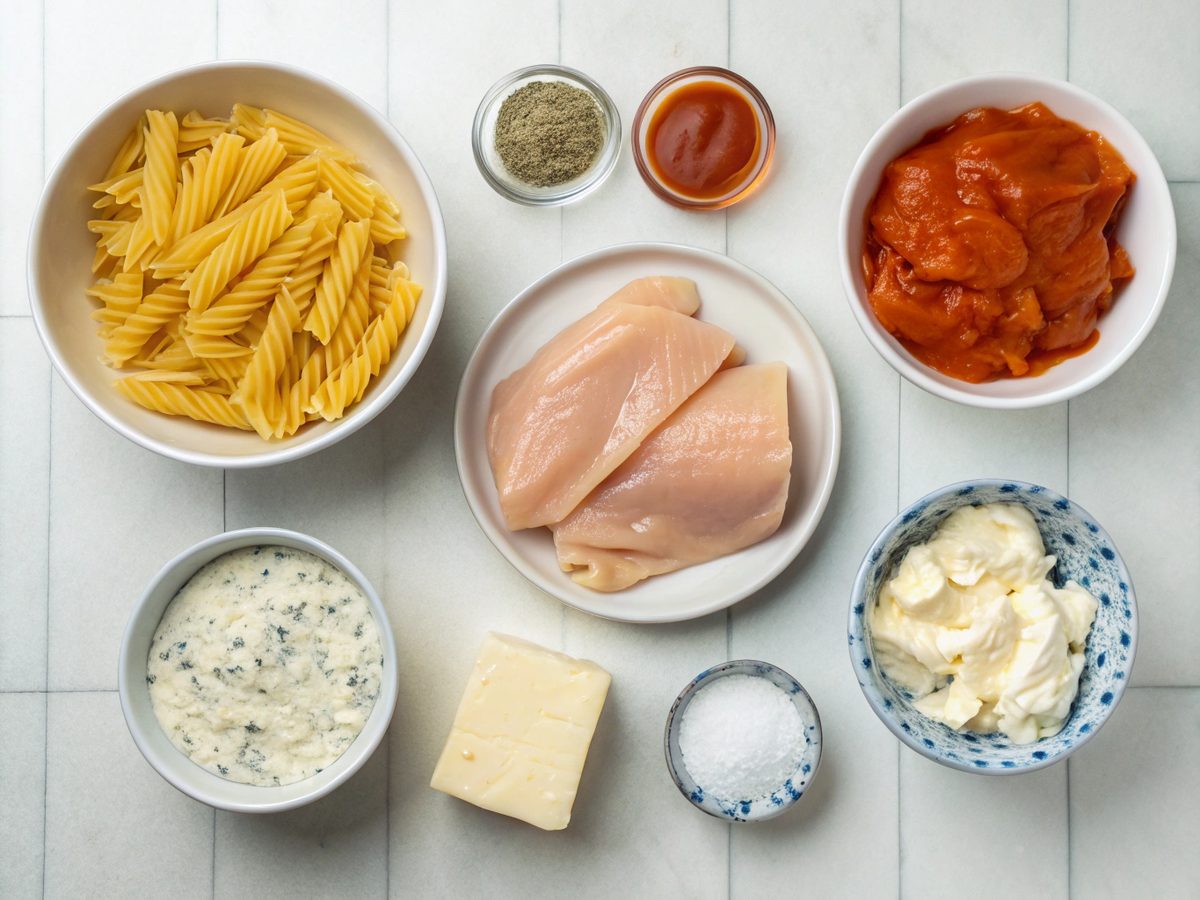 Visual representation of ingredients for making creamy buffalo chicken pasta