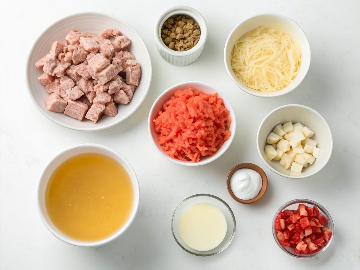 A top-down view of ingredients for creamy crockpot cheeseburger soup, including beef, cheese, and broth.
