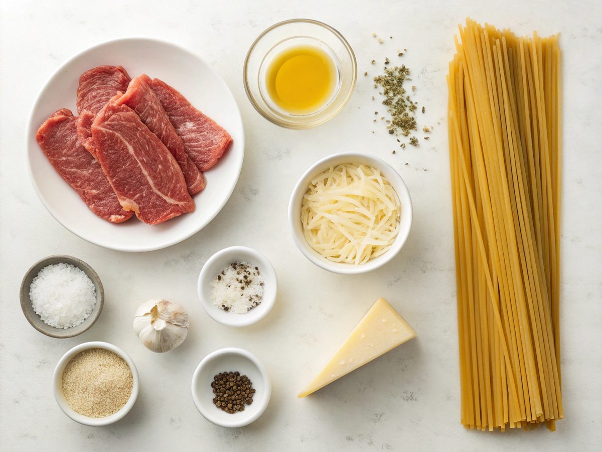 Image showing all ingredients needed for creamy garlic beef pasta