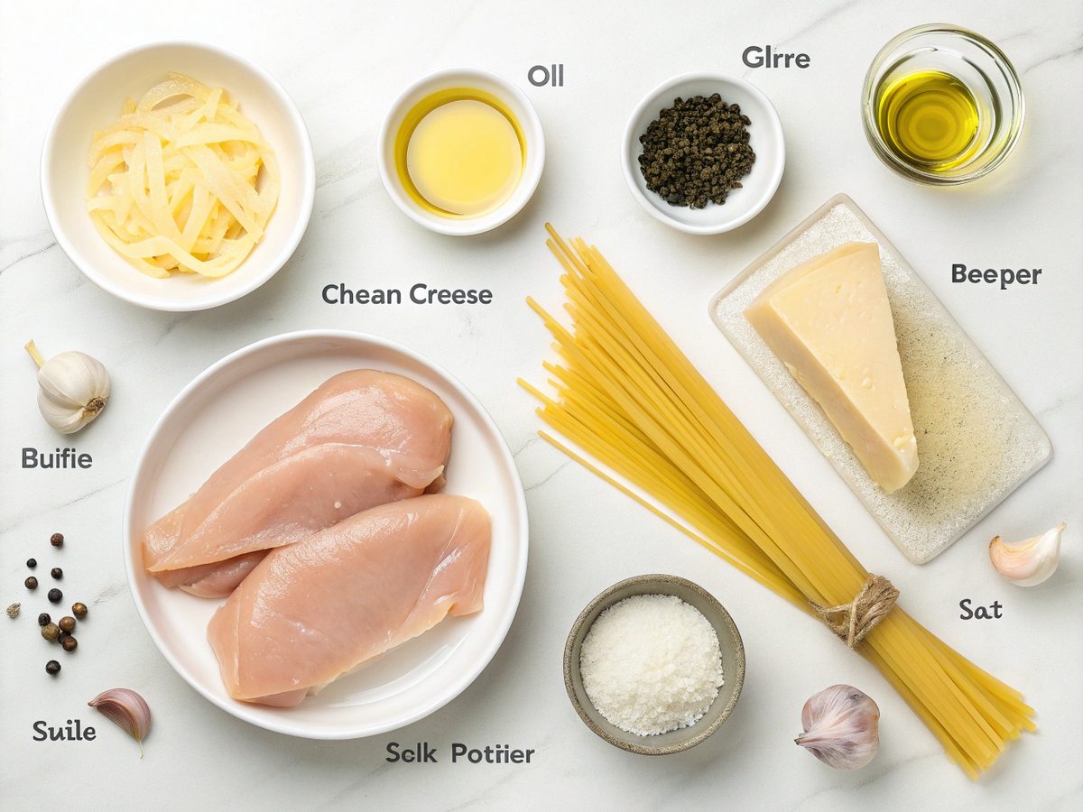 Flat lay of ingredients for creamy garlic chicken Alfredo recipe