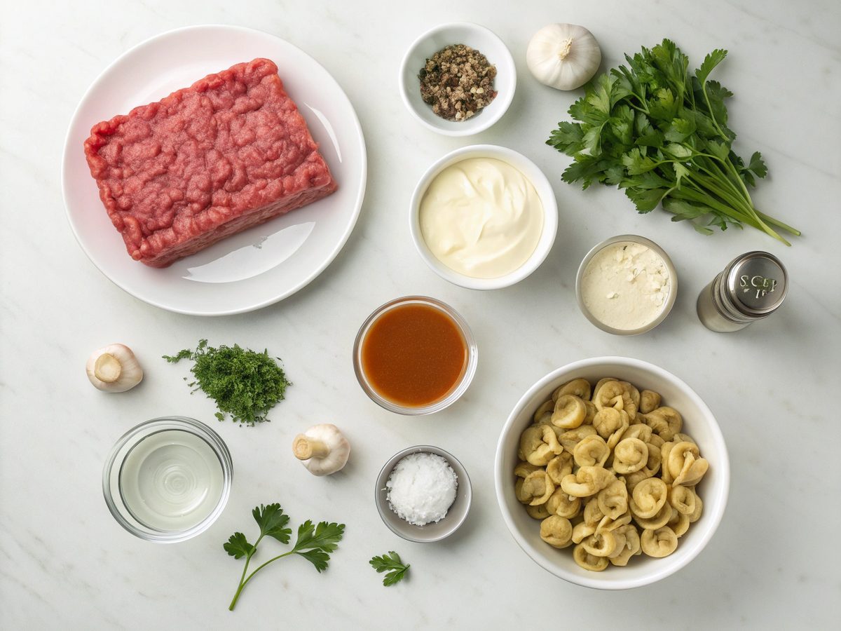 Visual of ingredients for making creamy ranch beef tortellini stroganoff