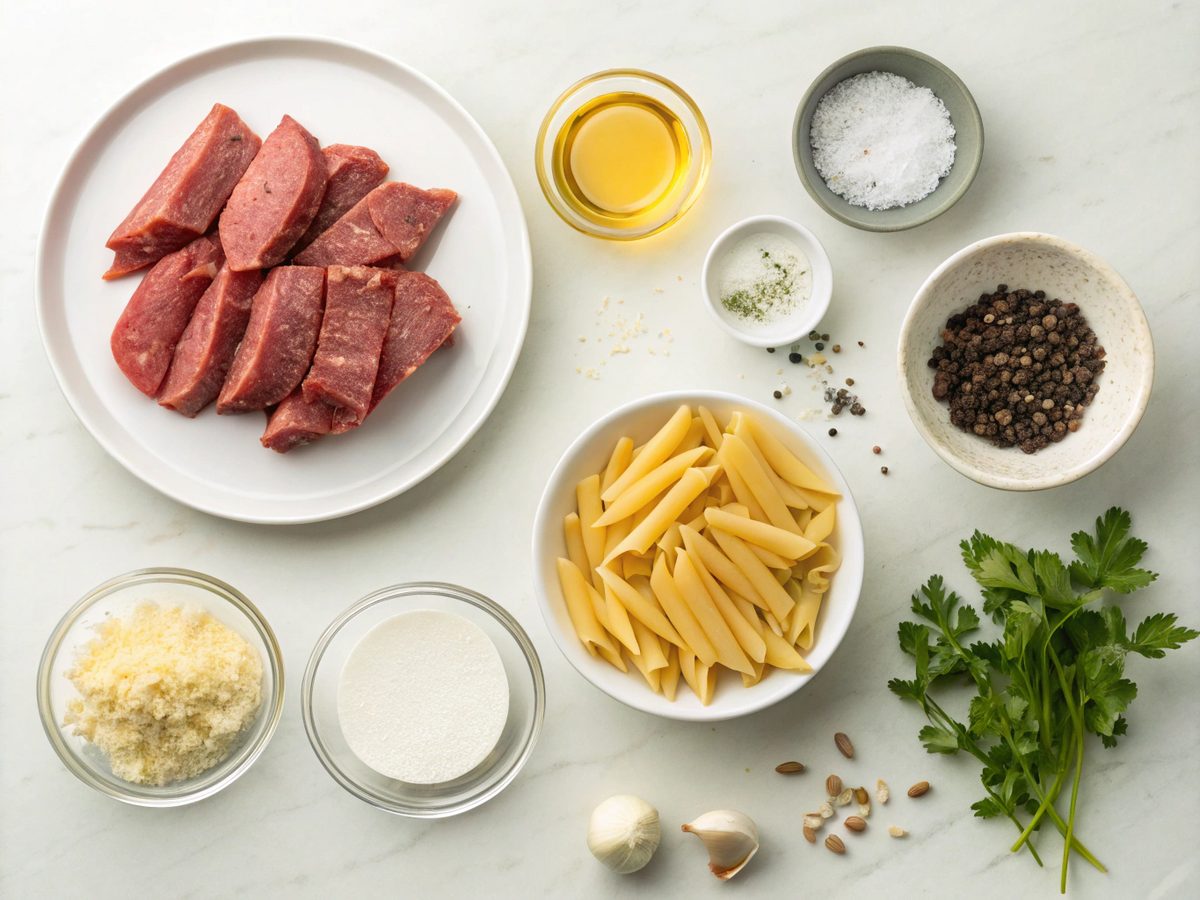 Visual showing ingredients for creamy steak pasta recipe.