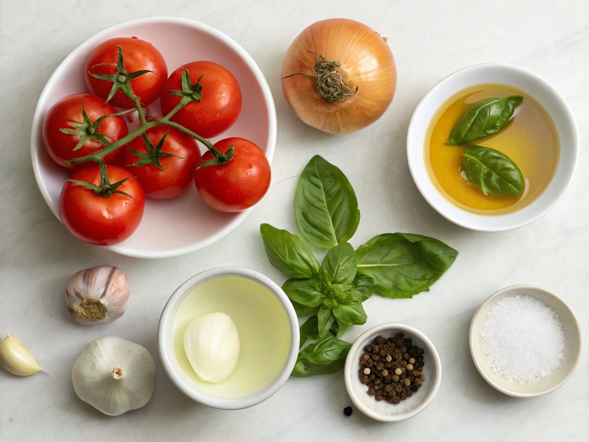 An SEO-friendly alt tag describing the image of creamy tomato basil soup ingredients.