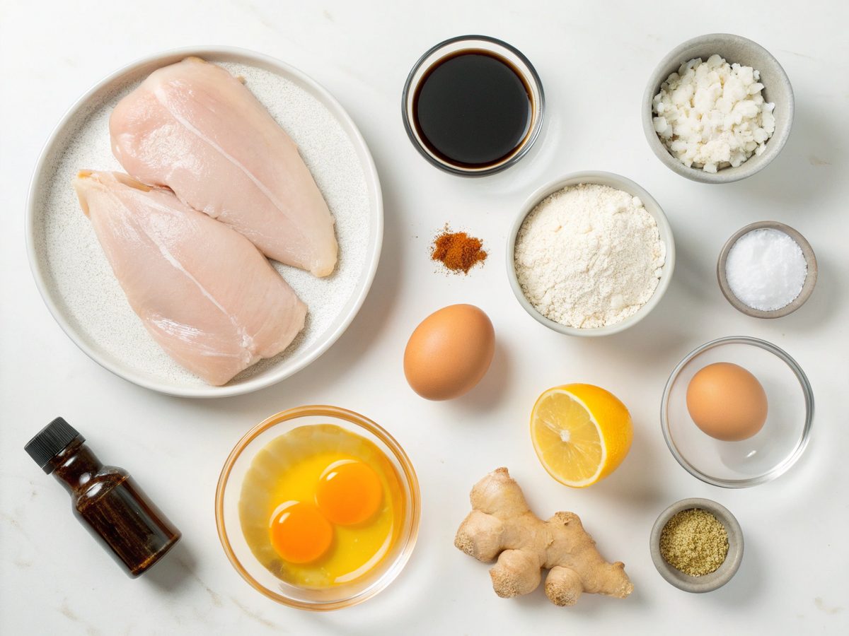Flat lay of ingredients for Crispy Orange Chicken, including chicken, orange juice, and spices.