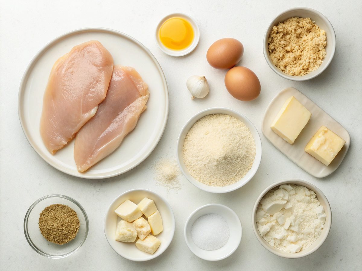 An SEO-friendly alt tag describing the image of ingredients for crispy Parmesan chicken with garlic sauce.