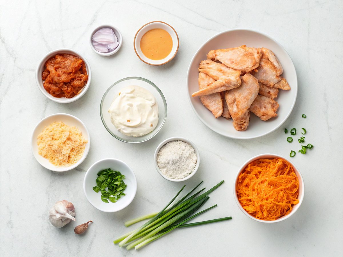 A layout of ingredients for Crock Pot Buffalo Chicken Dip, including chicken and cheese.