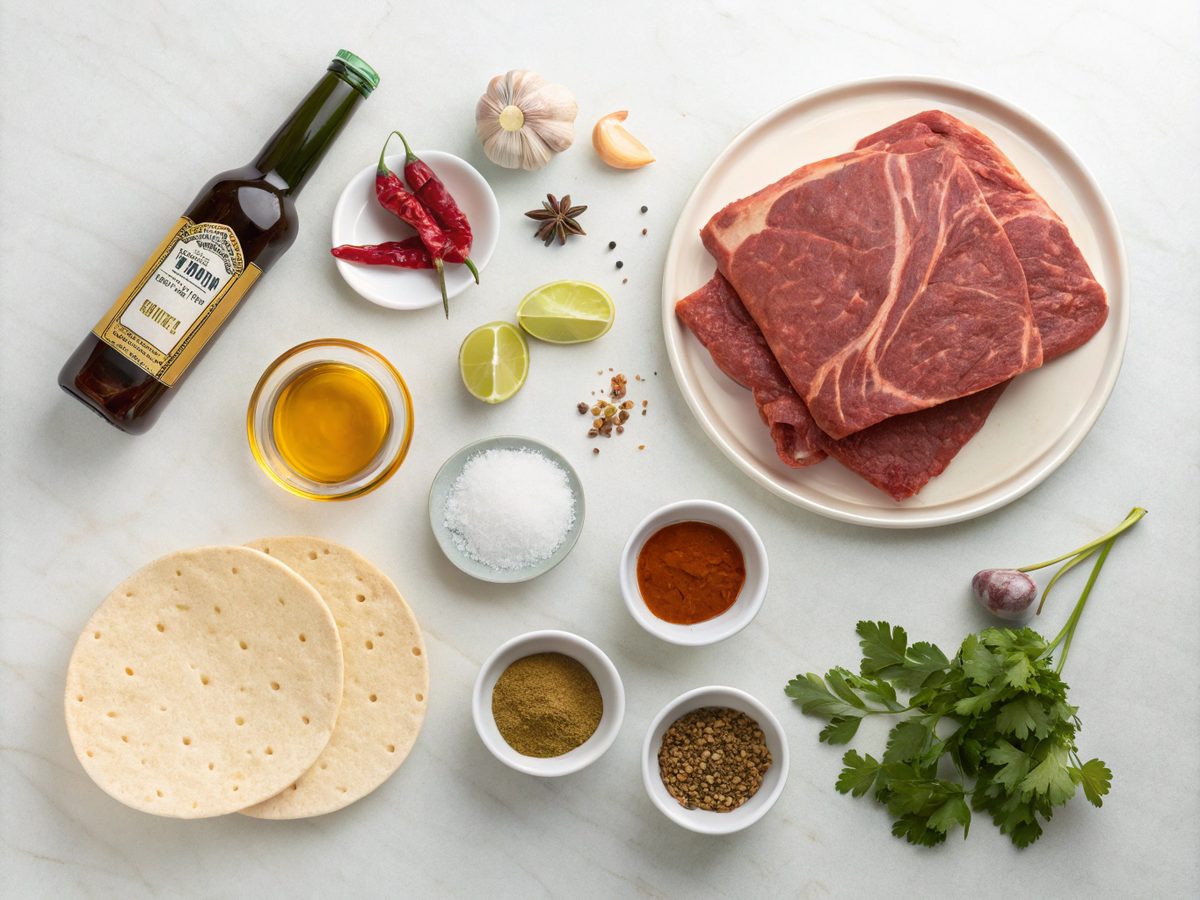 Ingredients lined up for crock pot Mexican shredded beef tacos.