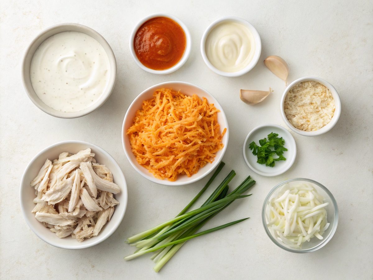 Image showing the ingredients for Crockpot Buffalo Chicken Dip.