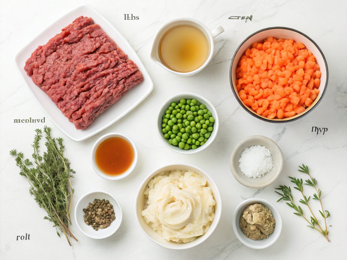 Ingredients for crockpot shepherd's pie including beef, vegetables, and spices.