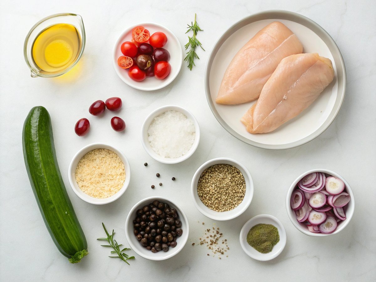 Ingredients for Greek chicken bowls including chicken, quinoa, vegetables, and spices.