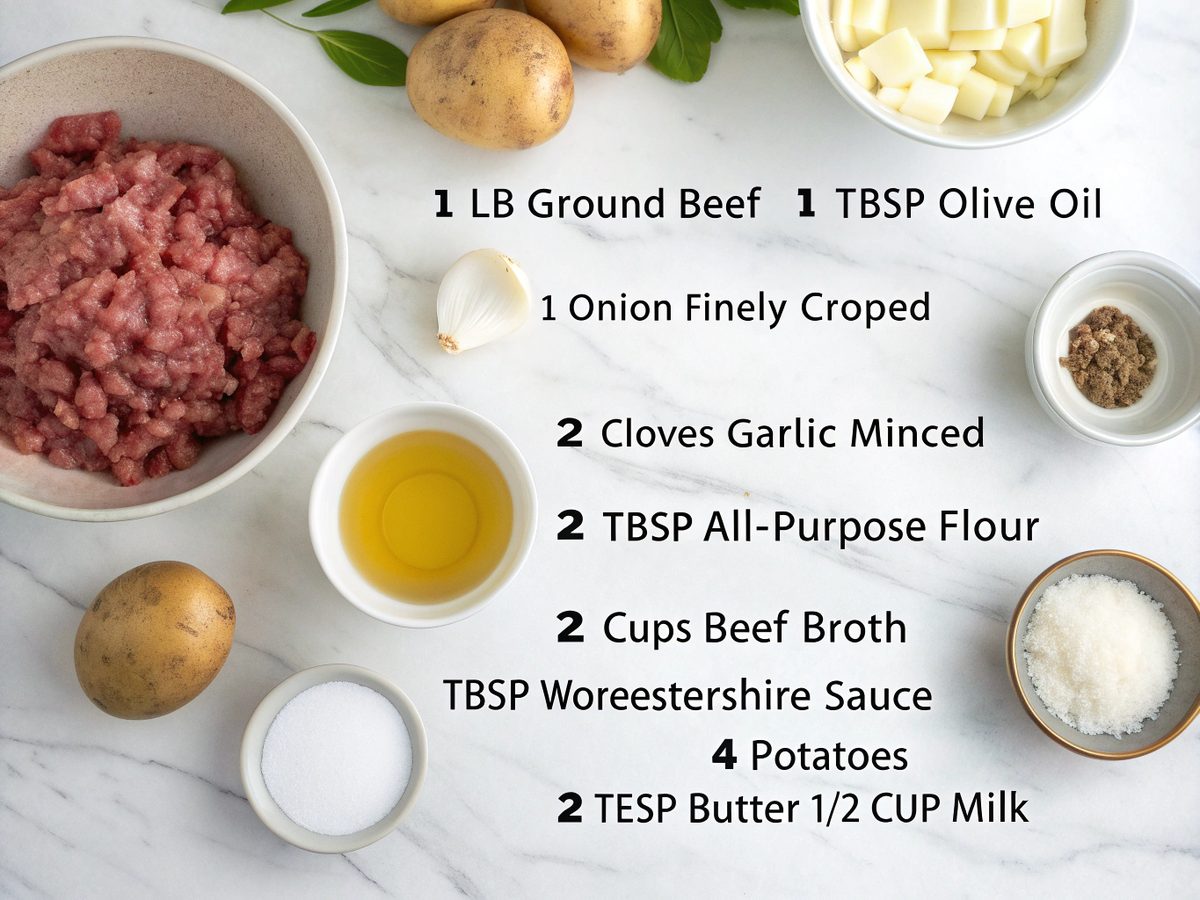 Visual ingredients layout for Ground Beef Gravy over Mashed Potatoes.