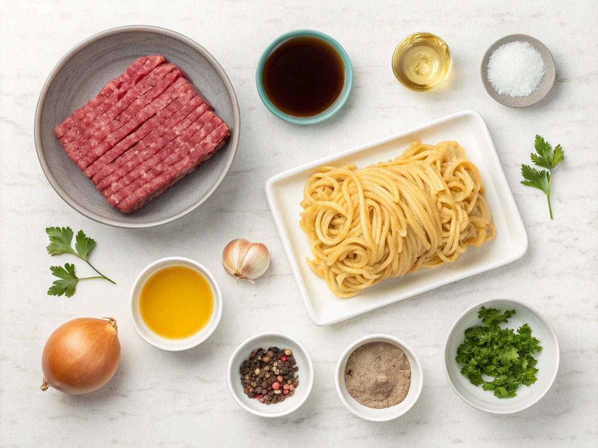 Illustration of ingredients for stovetop beef noodle recipes showcasing beef, noodles, and seasonings