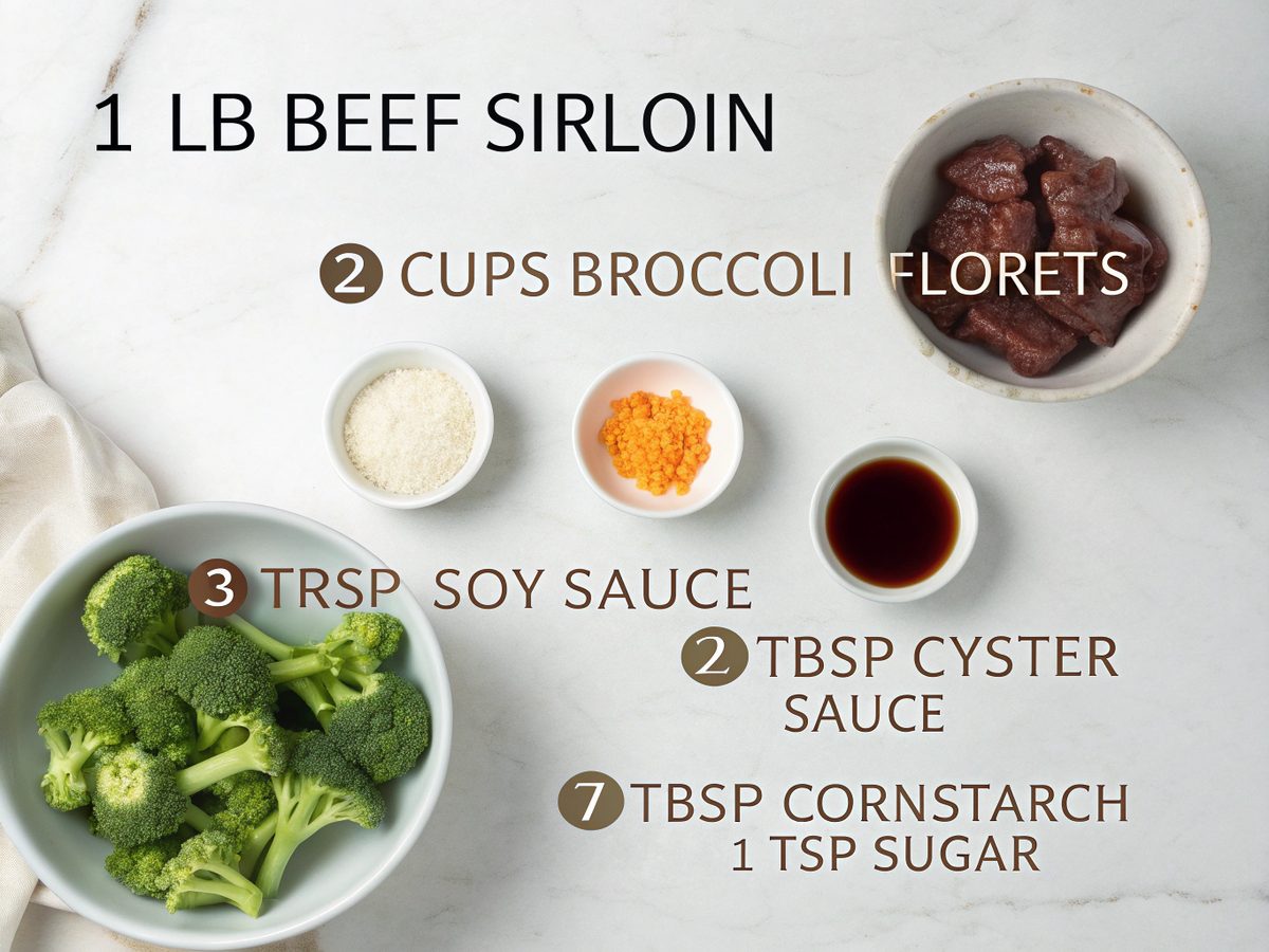 Ingredients laid out for making beef broccoli stir fry