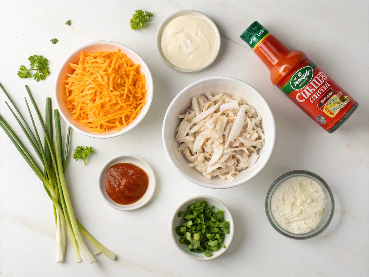 Flat lay of Frank's RedHot Buffalo Chicken Dip ingredients on a white kitchen counter