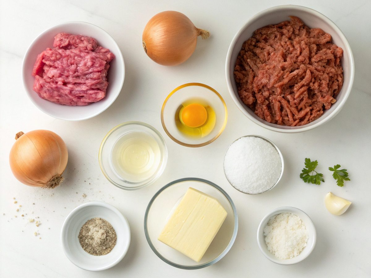 Ingredients for making French Onion Ground Beef Casserole arranged on a counter.