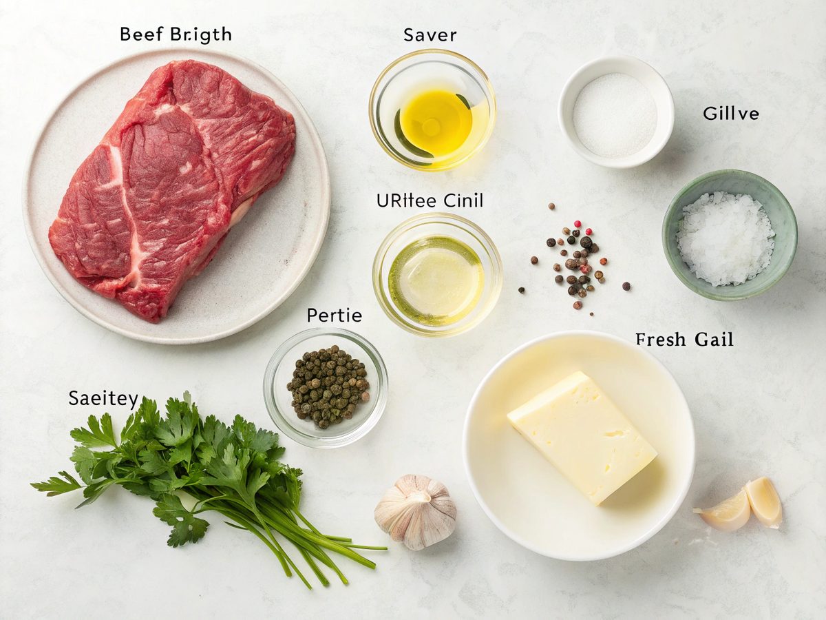 Ingredients featuring beef, garlic, butter, olive oil, parsley for Garlic Butter Beef Bites