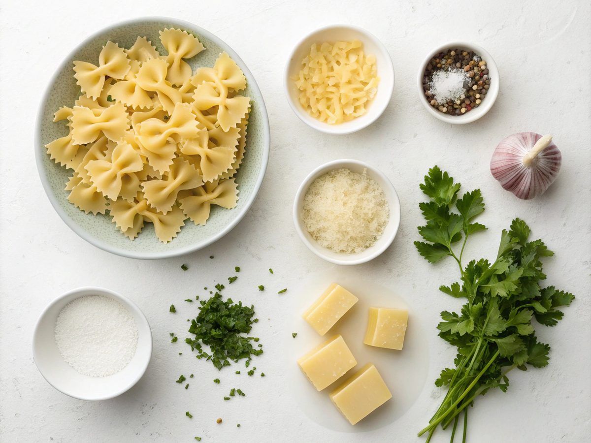 An image showing the ingredients for Garlic Butter Bowtie Pasta, including pasta, garlic, butter, and herbs.
