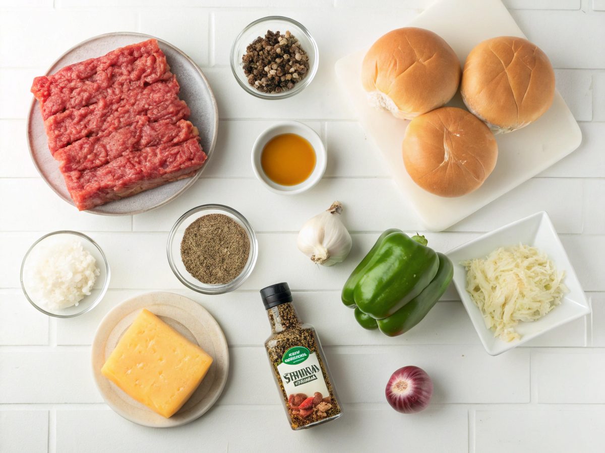 Ingredients for making Ground Beef Cheesesteak Sloppy Joes displayed on a countertop.