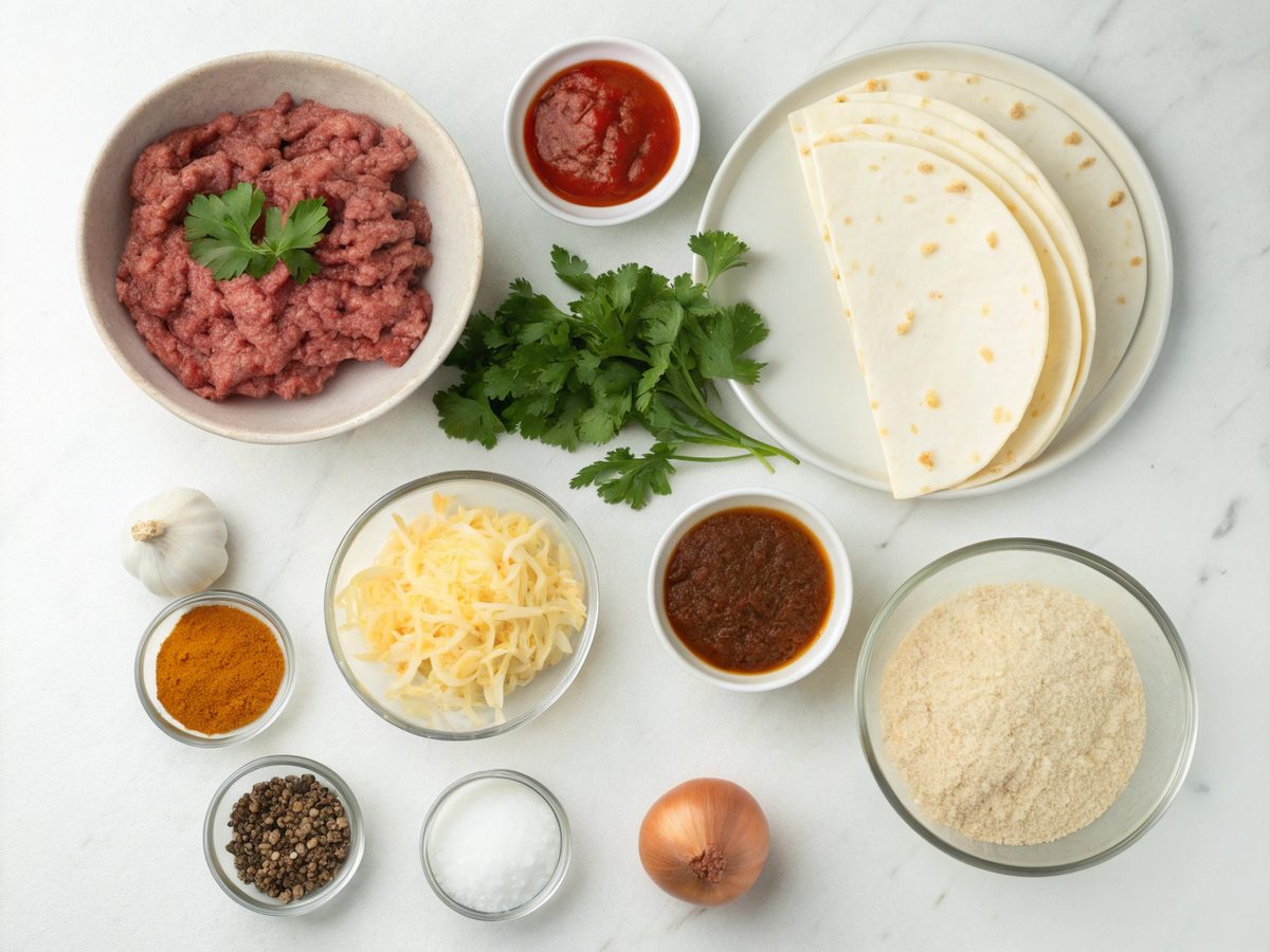 Ingredients spread out for making the ground beef enchiladas recipe